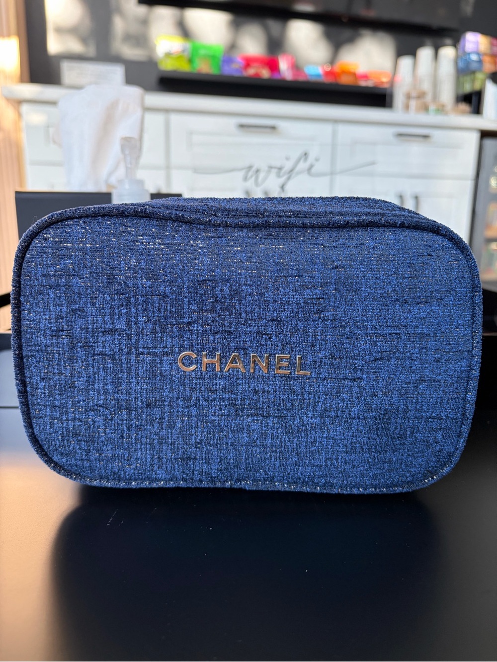 CHANEL Navy Blue Textured Cosmetic Case with Gold Logo